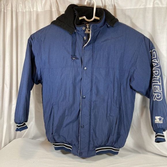 Vintage Starter Zip Jacket Detachable Hood Men Large Blue Parka Jacket Spell Out - Picture 1 of 16